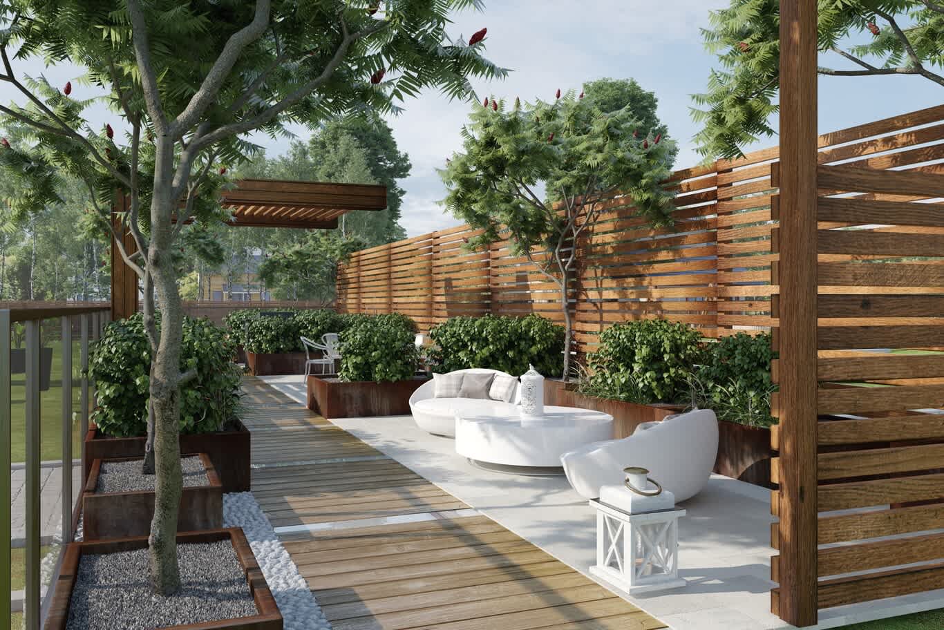 Rooftop garden design with timber decking, corten planters and privacy screens