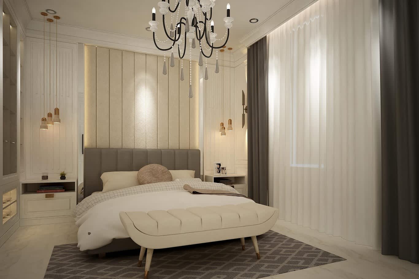 Classic bedroom with layered charcoal blackout drapes, ivory sheers and beaded chandelier