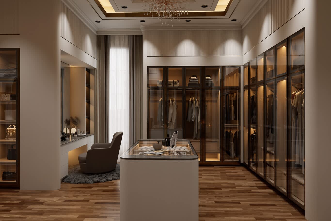 Luxury dressing room in Doha with a lit vanity, armchair, handbag display shelving and a stone-topped island