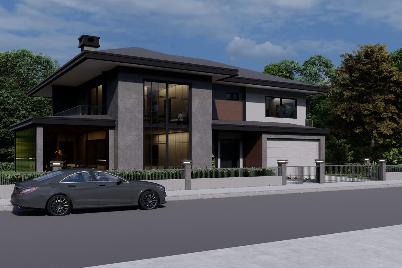 Nad Al Sheba villa design – hip-roofed modern villa with stone-clad volumes and double-height glazing