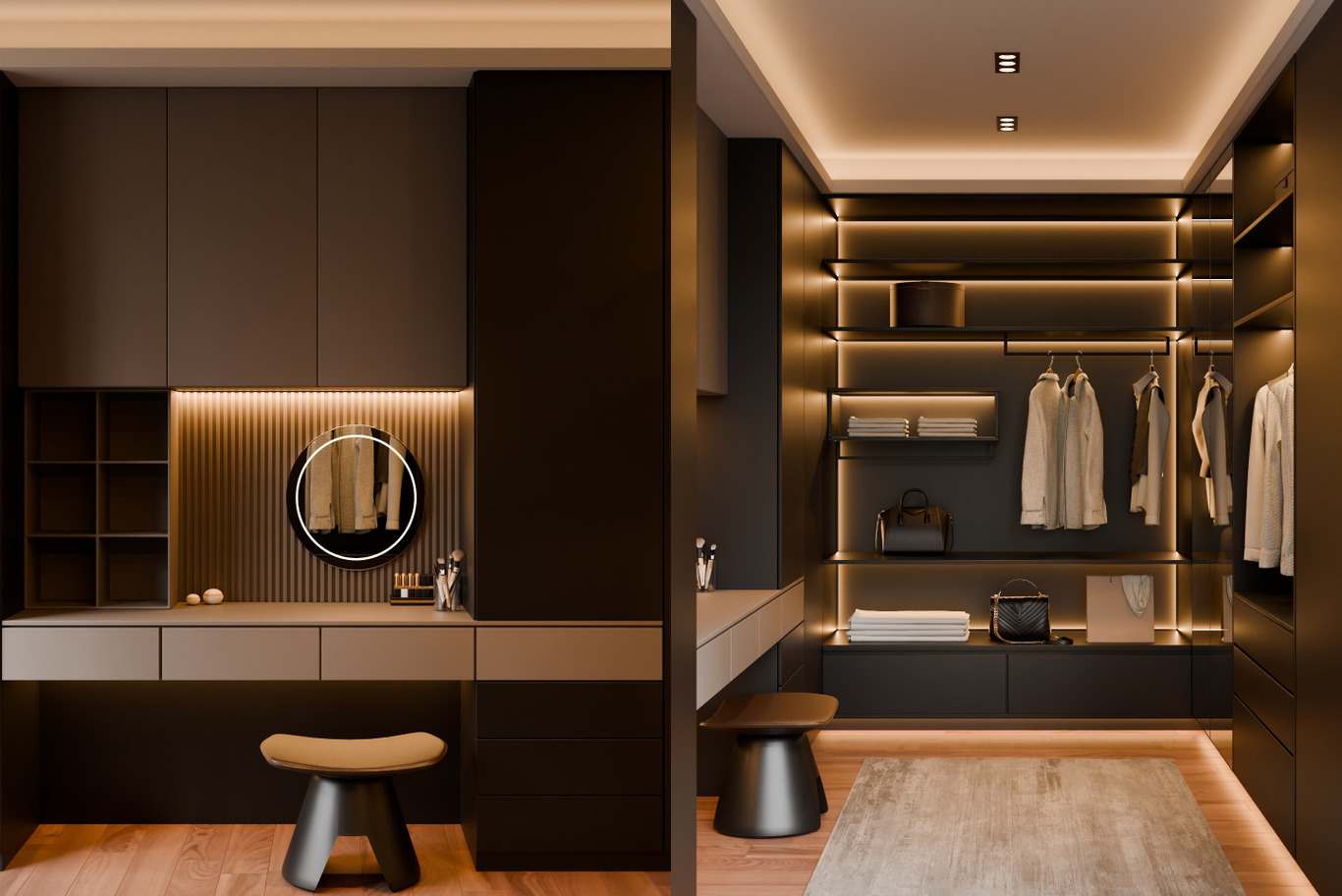 Built-in dressing room with lit vanity mirror, open hanging rails and LED-lined shelving