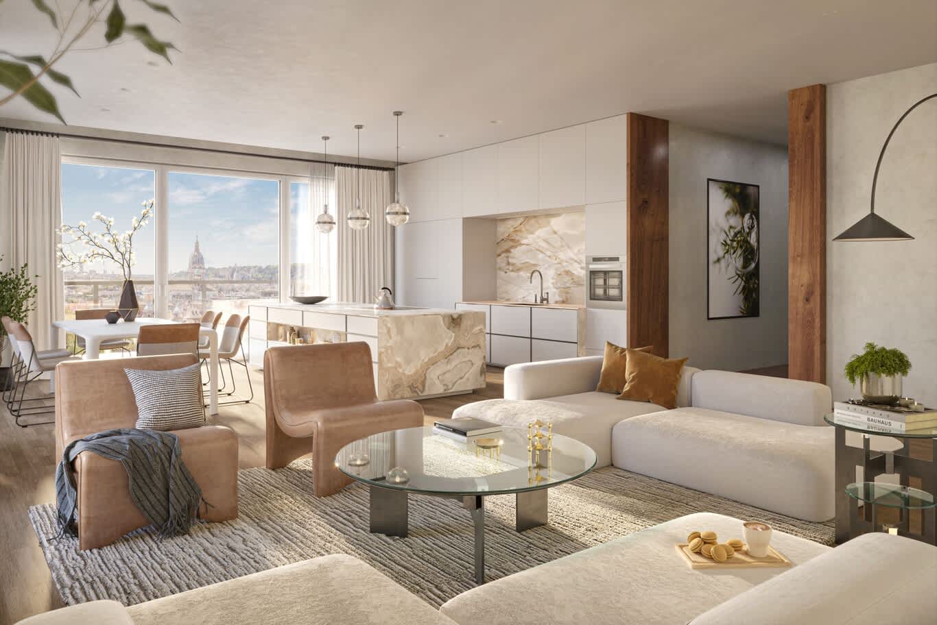 Apartment fit-out in Downtown Dubai – open-plan living room with onyx kitchen island and walnut-clad columns