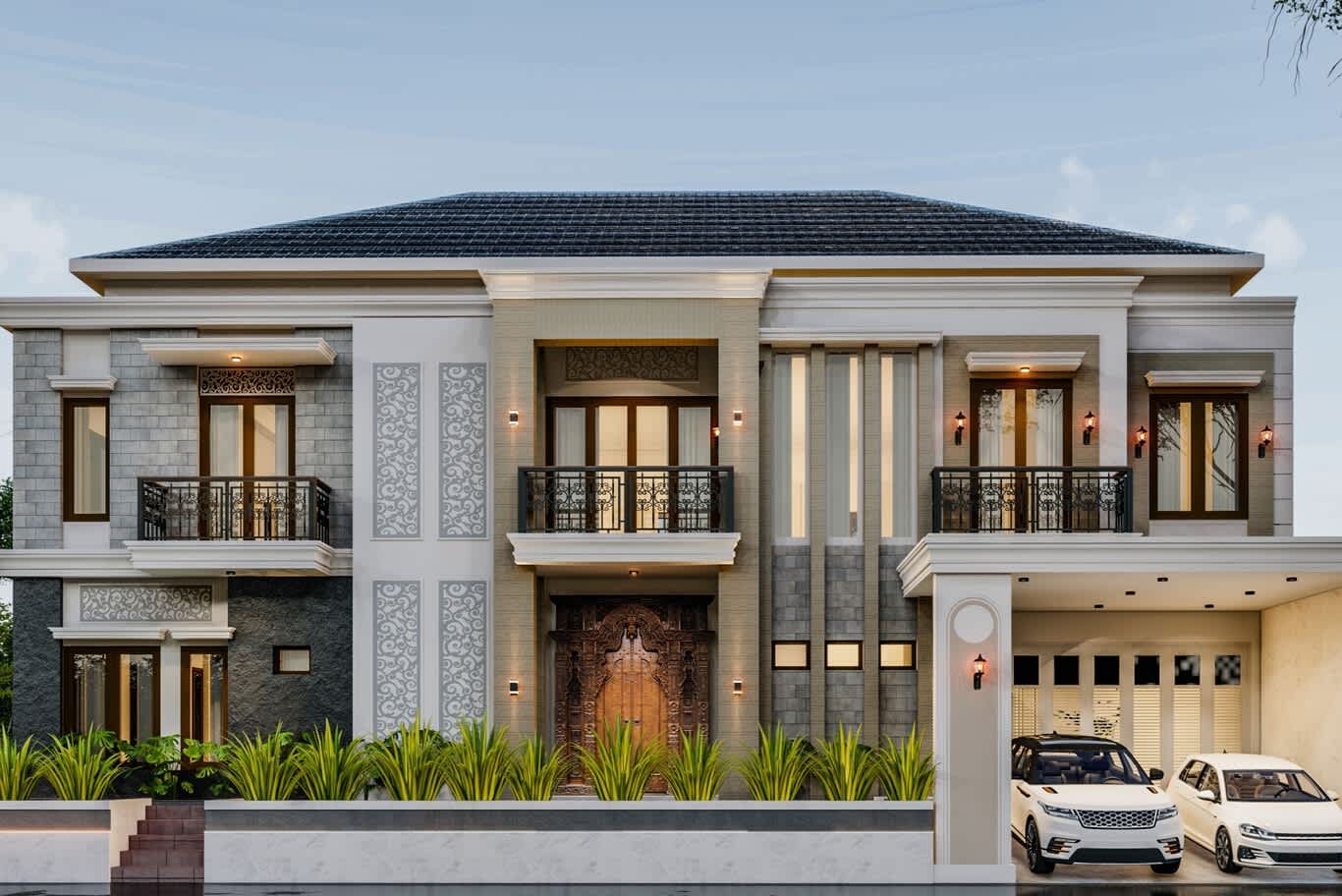 تصميم فلل الخوانيج، باب مدخل خشبي منحوت يدويًا تؤطّره ألواح أرابيسك من GRC وشرفات من الحديد المشغول