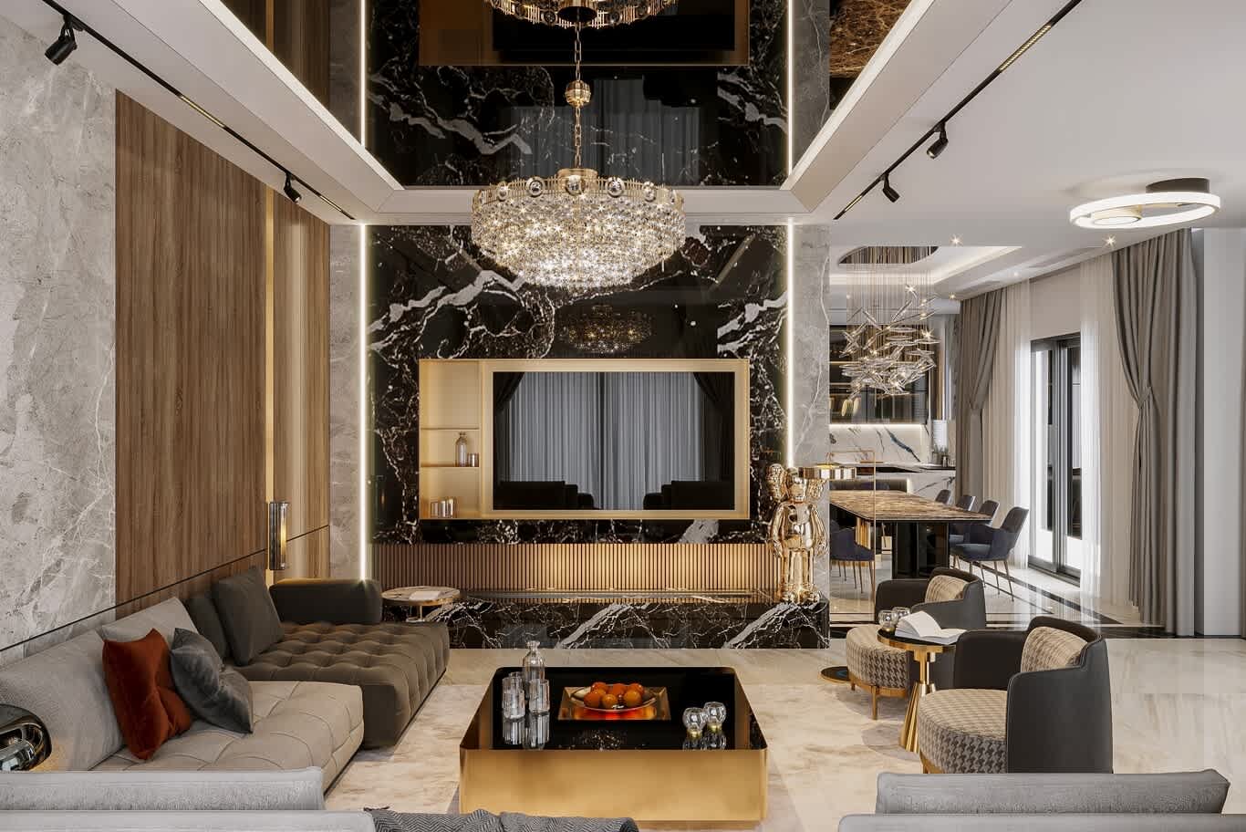 Grand living room with black marble feature wall framed in brass
