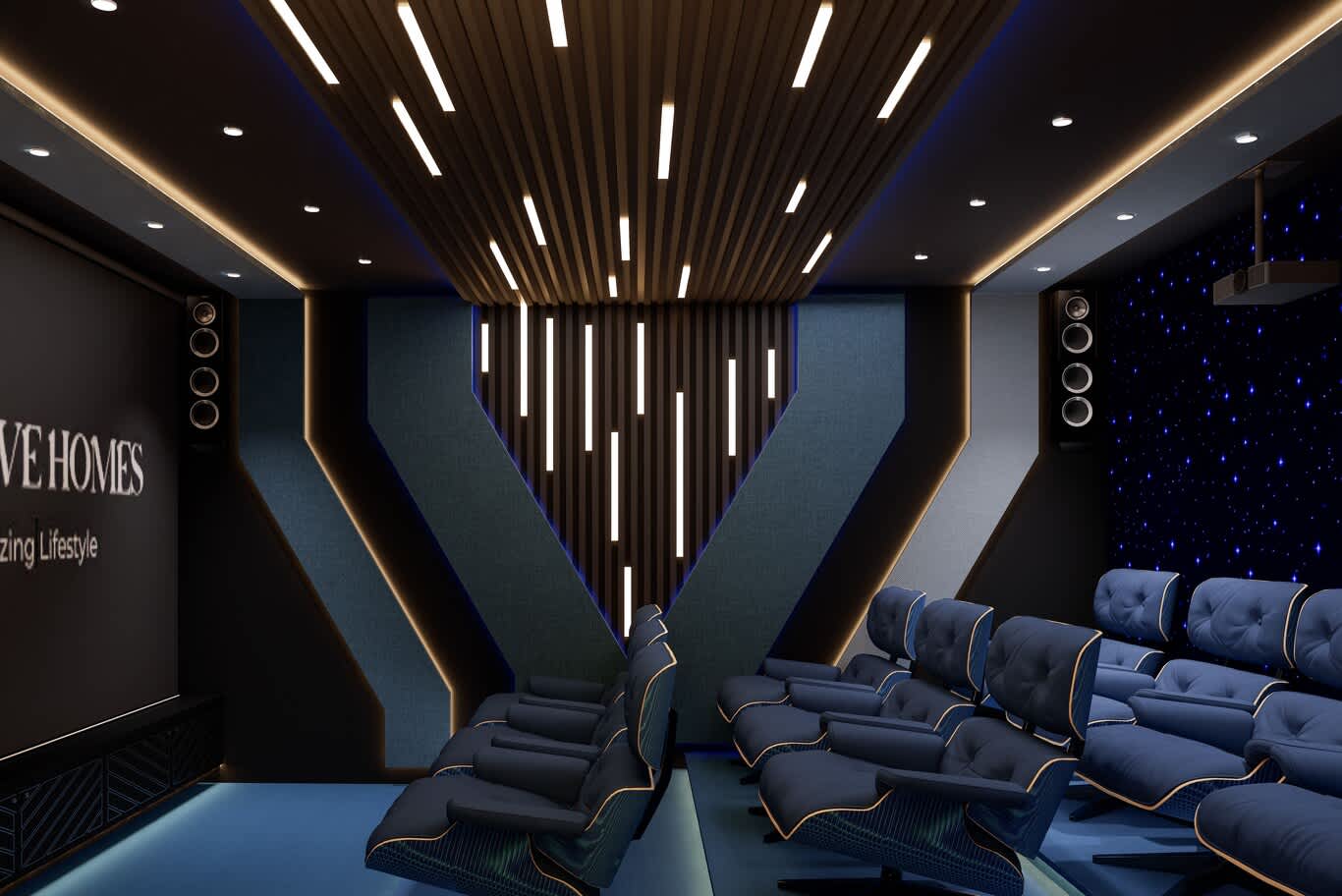 •	Side view of a home cinema with floor-standing speakers, V-shaped fabric panels and a slatted timber ceiling