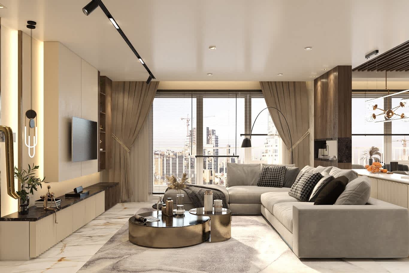 Apartment curtains and blinds in Downtown Dubai – living room with floor-to-ceiling glazing, sheers and brass tables