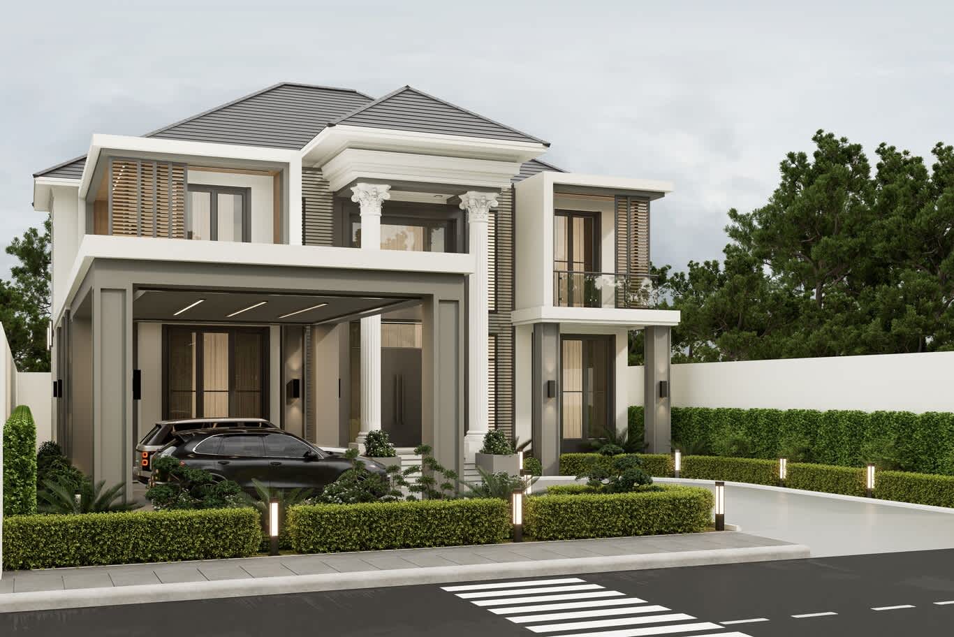 Al Khawaneej villa design – contemporary classic villa pairing Corinthian columns with aluminium louvres and a covered carport
