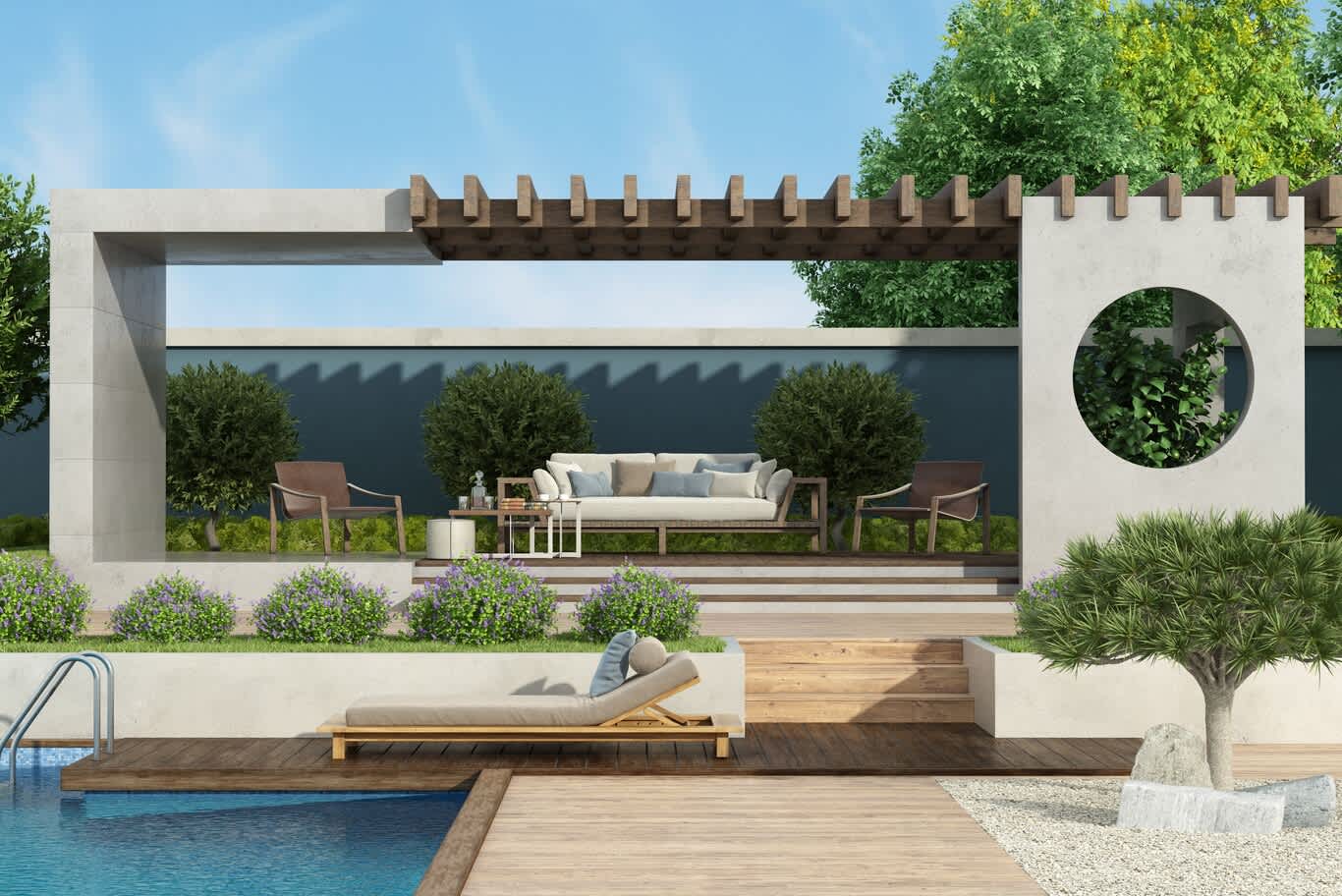 Modern minimalist garden with concrete pergola frame, pool deck and gravel bed