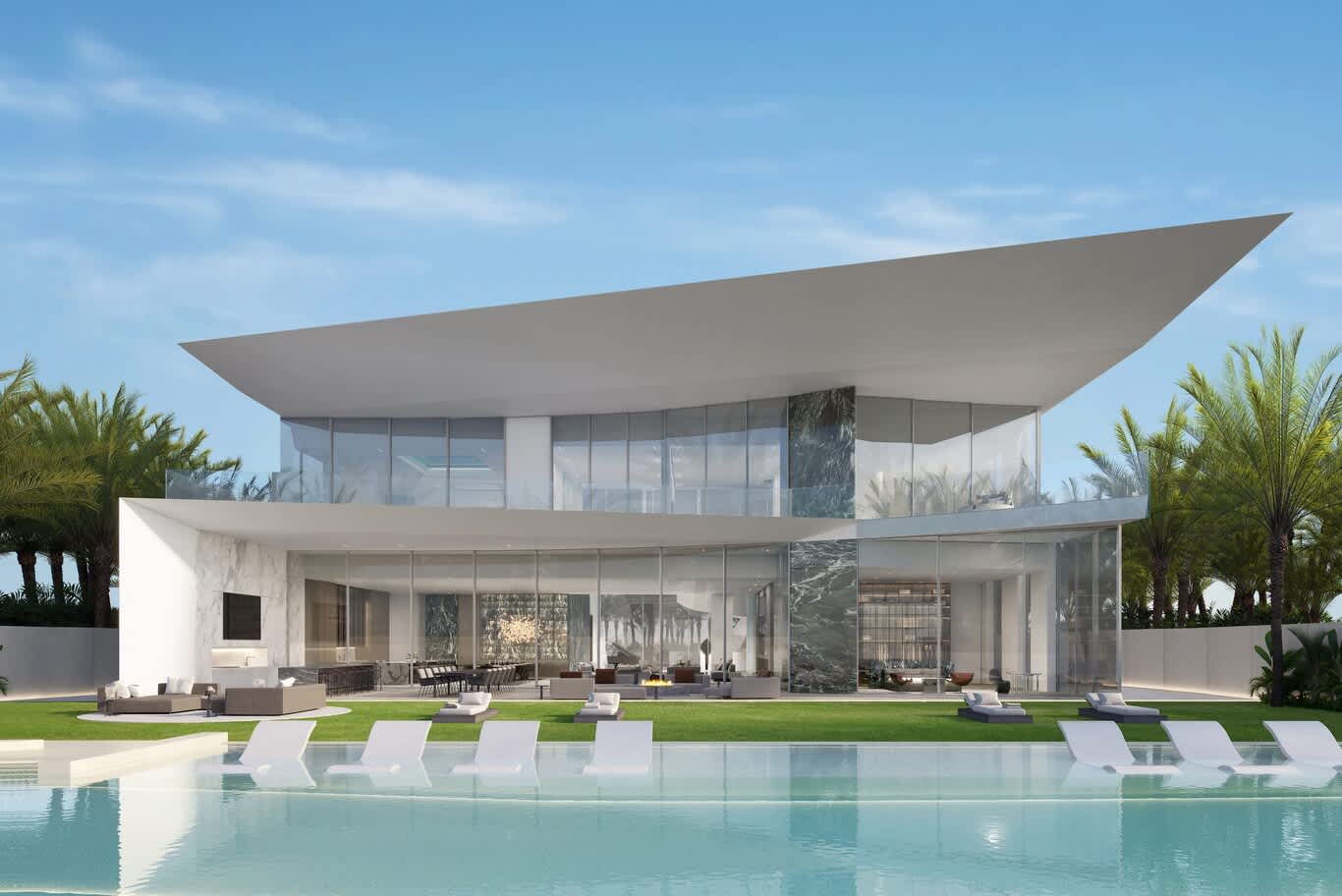 Palm Jumeirah villa marble facade – green marble panels and full-height glass beneath a sculpted roof canopy