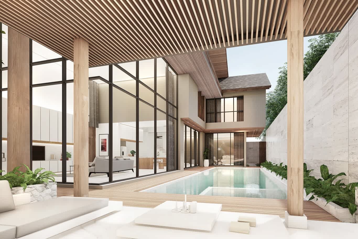 Palm Jumeirah villa outdoor living – timber batten canopy, steel-framed glazing and a travertine-walled lap pool