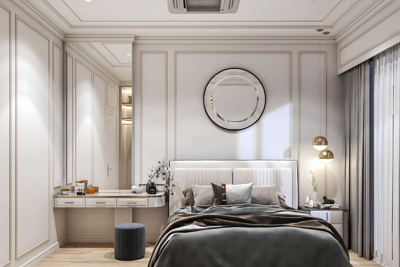 Compact panelled bedroom with built-in dressing table, round faceted mirror and gold pendant lights