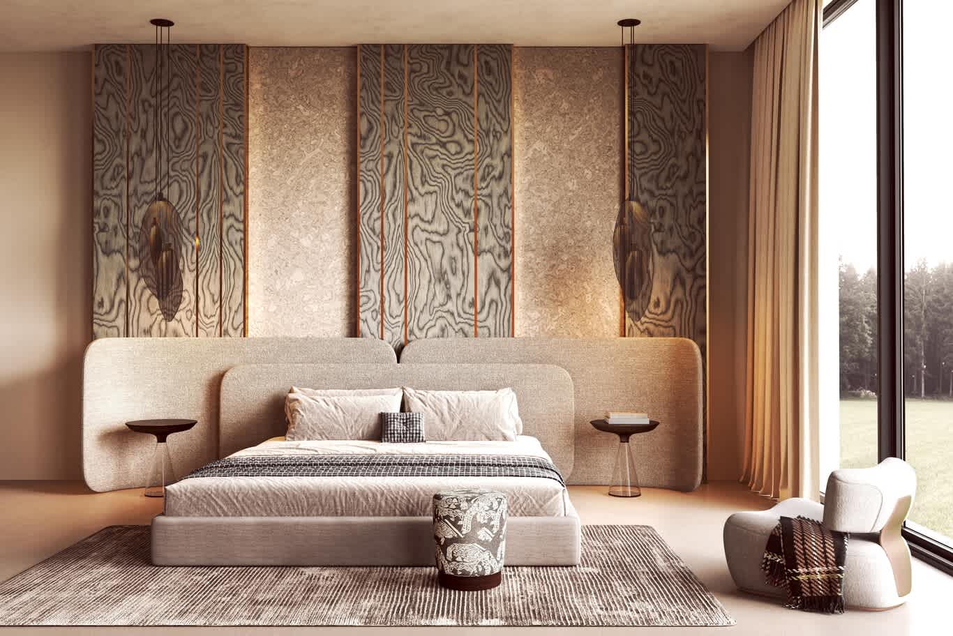 Headboard wall in olive ash burl veneer with bronze fillets and curved bouclé bed