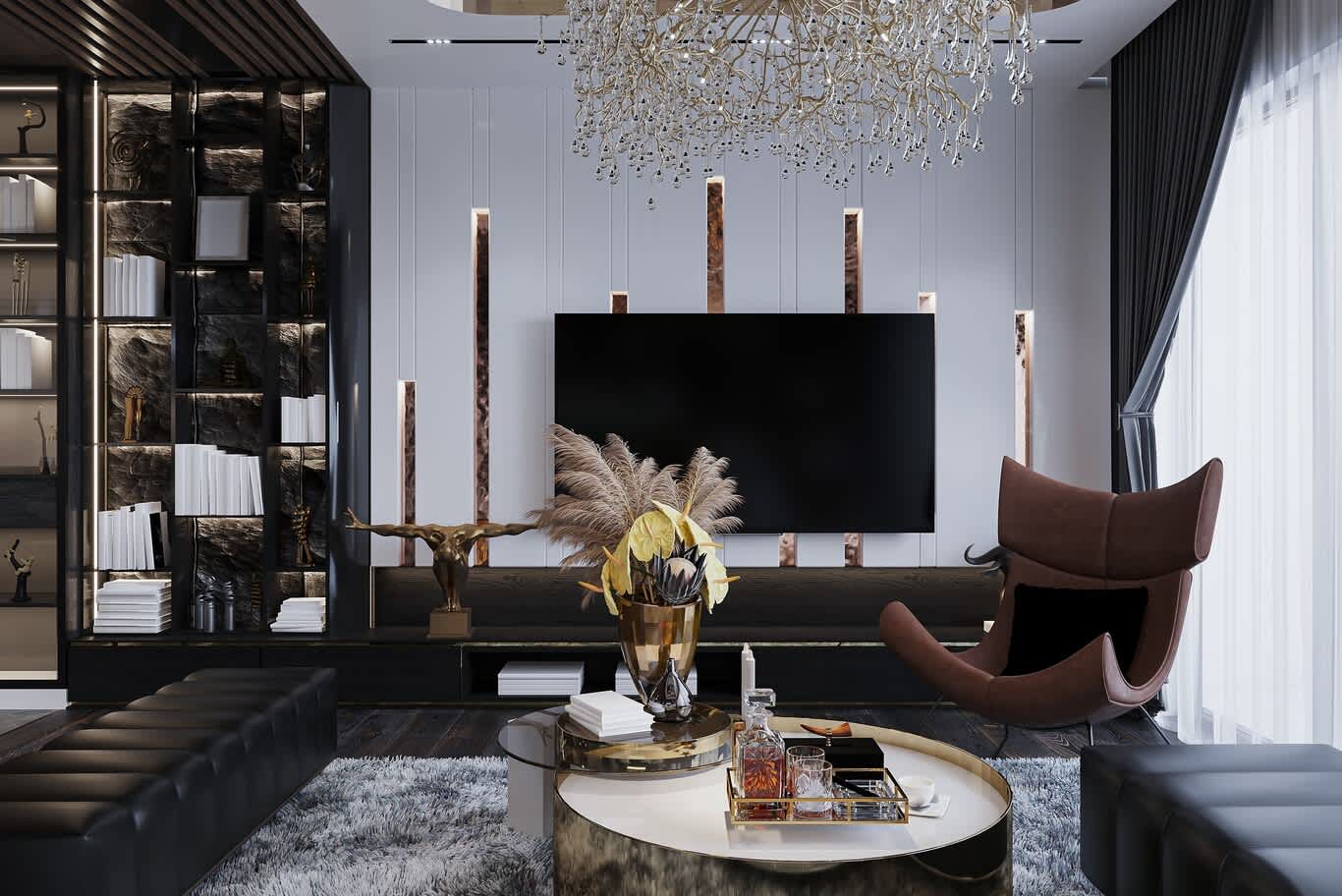 crystal rain chandelier and copper mirror inlay media wall in a dark luxury lounge