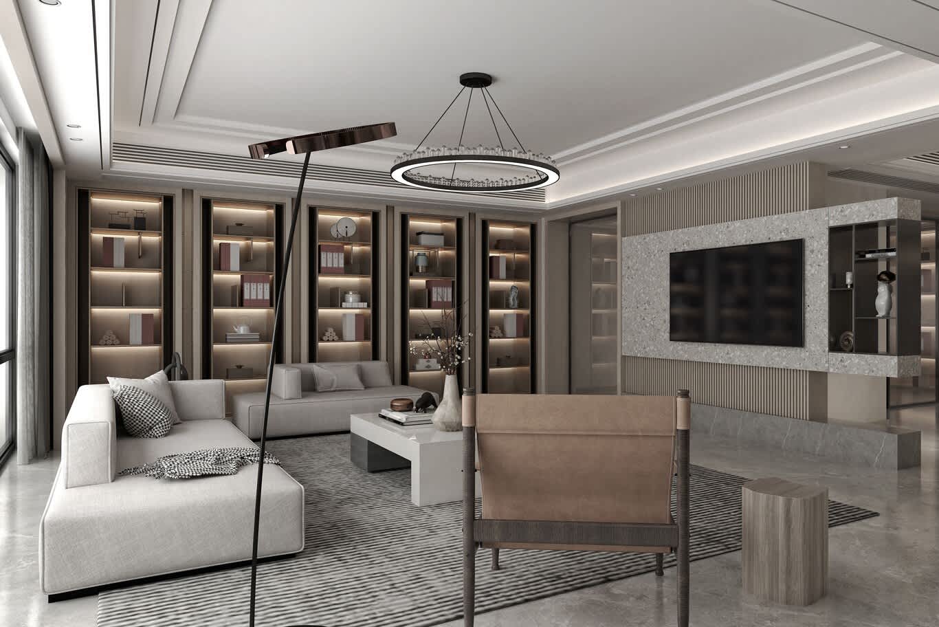 •	Layered living room lighting with halo chandelier, backlit display niches and arc floor lamp
