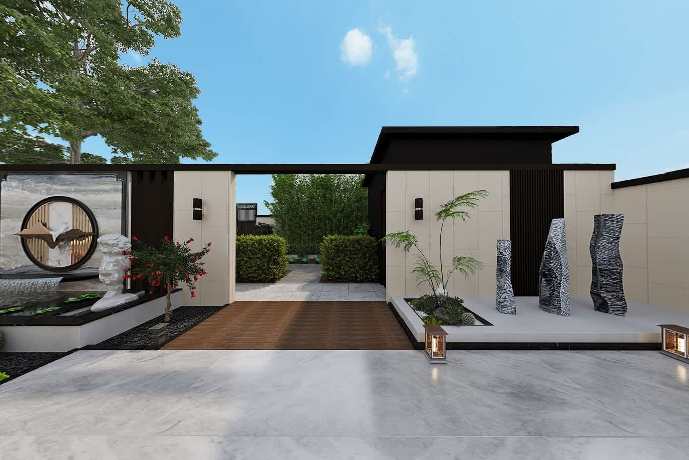 •	Landscaped entrance court with stone sculptures, moon-gate water feature and hedges