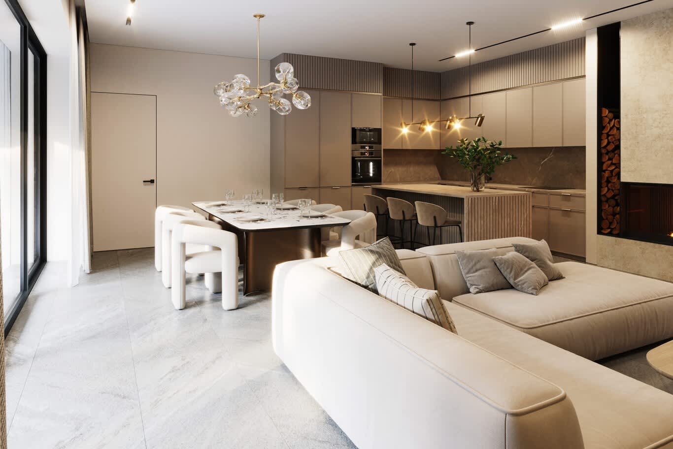 Kitchen island design in Downtown Dubai – fluted island, stone backsplash and glass branch chandelier