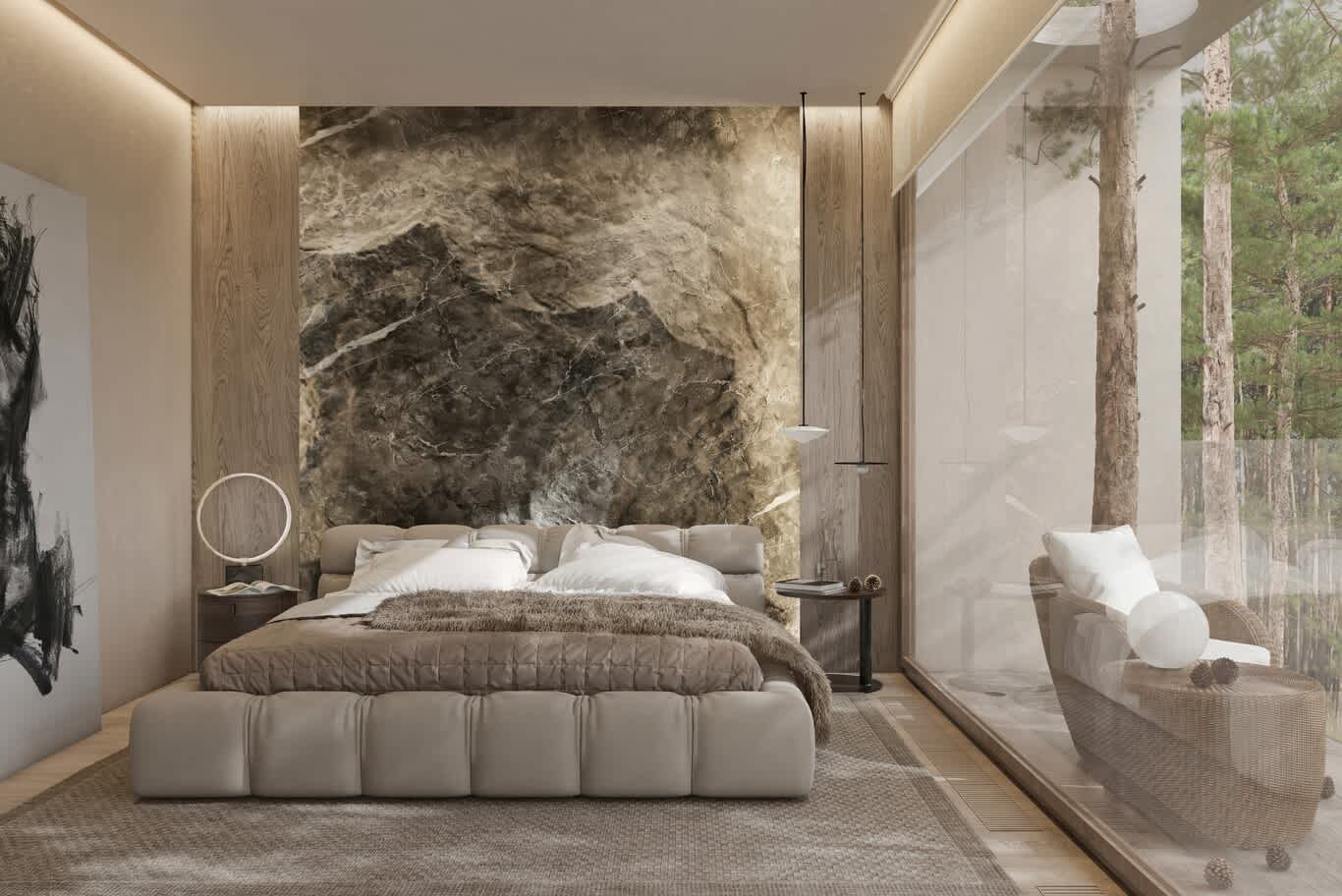 Stone wall bedroom interior