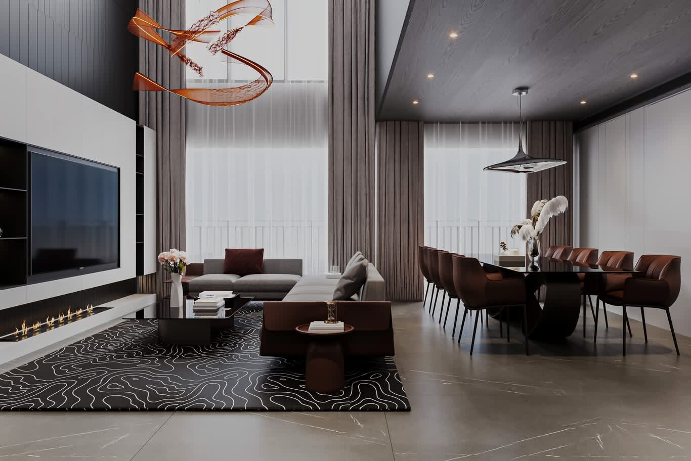 amber glass ribbon chandelier above a cognac leather dining area in a penthouse