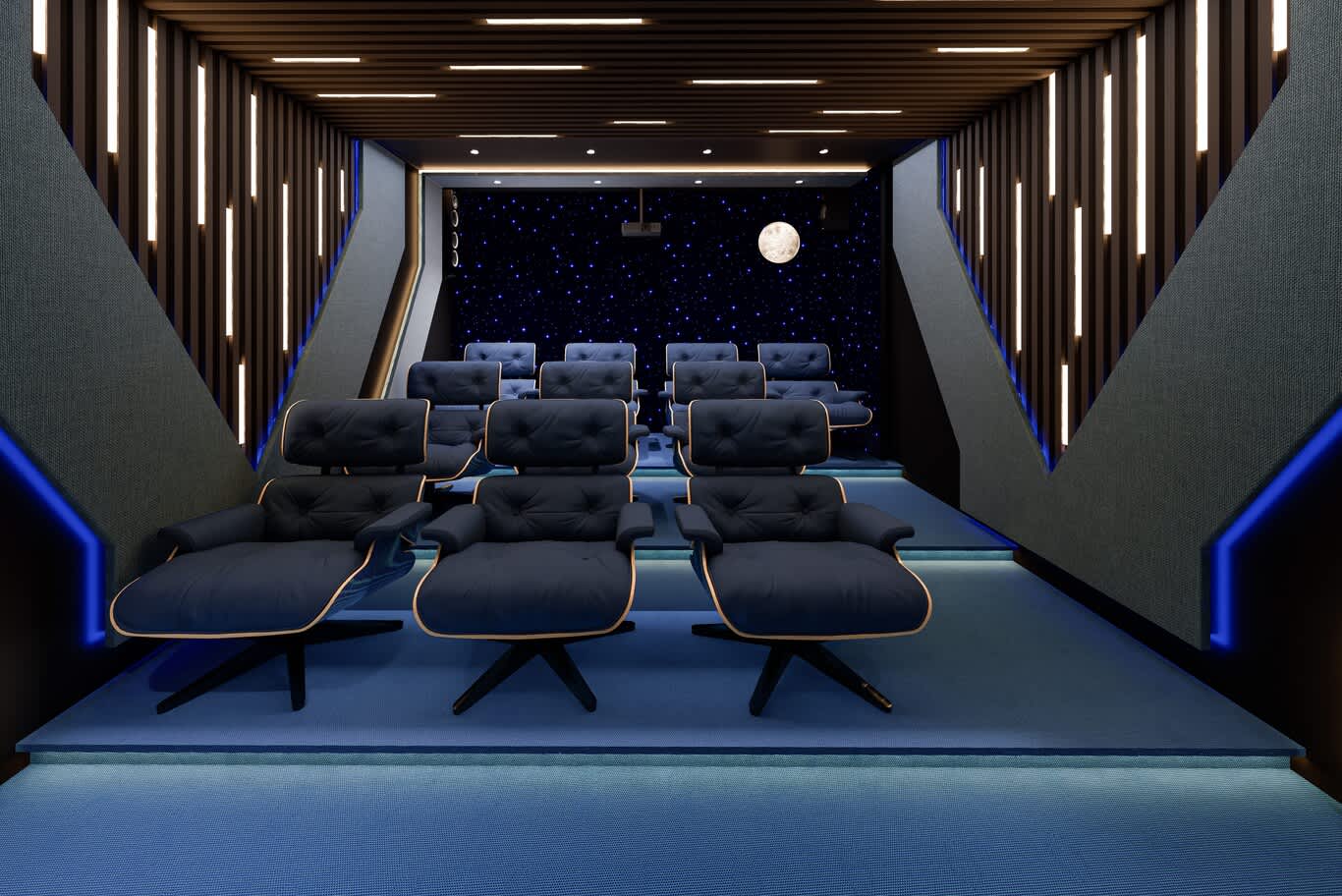 Home cinema with slatted timber walls lit by light lines, a starry rear wall and tiered lounge chairs