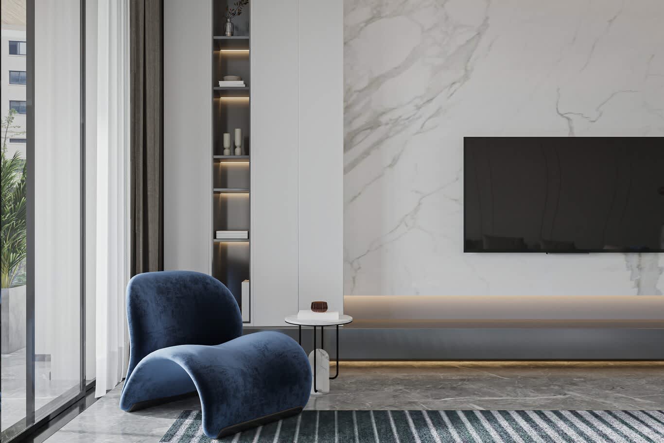 book-matched Statuario marble TV wall with floating LED plinth in a Doha living room