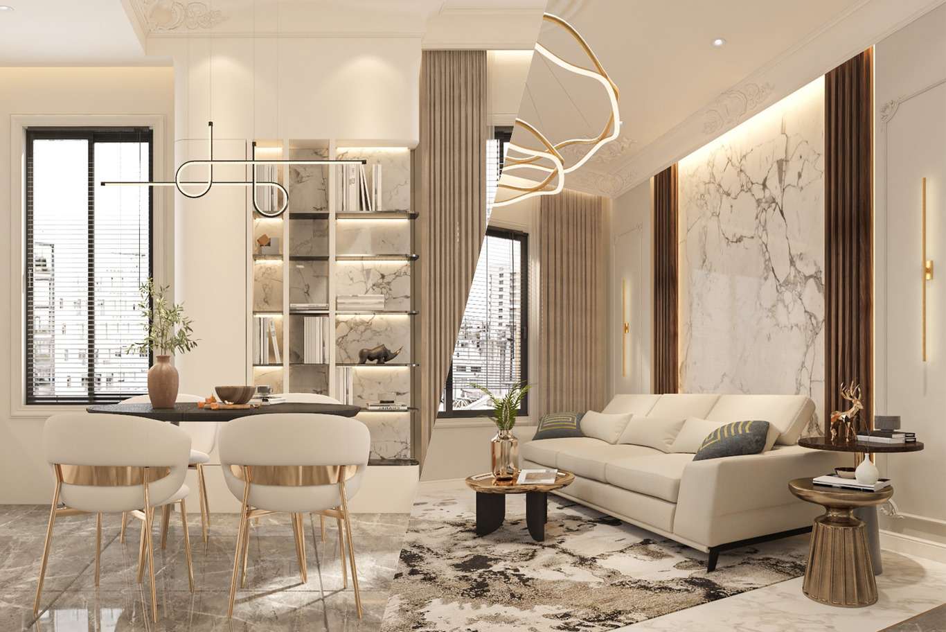 Apartment handover in Downtown Dubai – living and dining room with marble feature wall and brass sconces