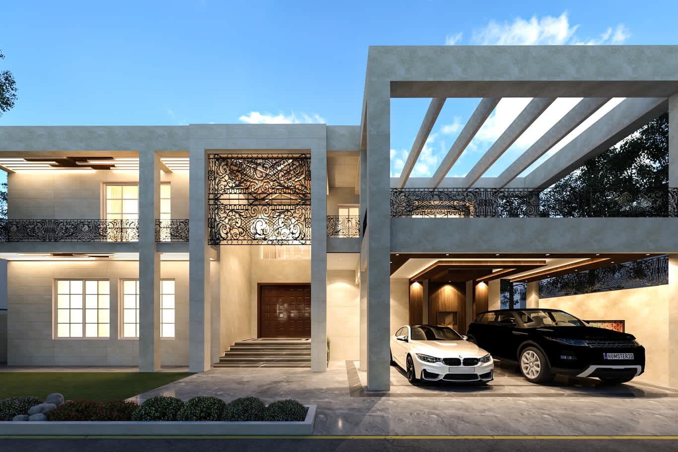 تصميم فلل ند الشبا، فيلا من الترافرتين بحواجز من الحديد المشغول ومظلة سيارات ببرجولا من العوارض