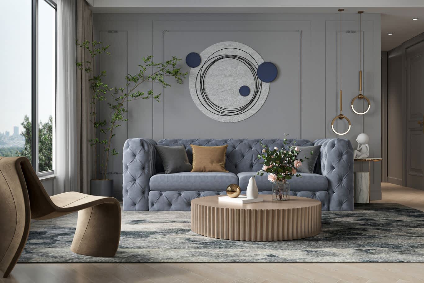 powder blue Chesterfield velvet sofa with fluted oak drum table in a Doha apartment