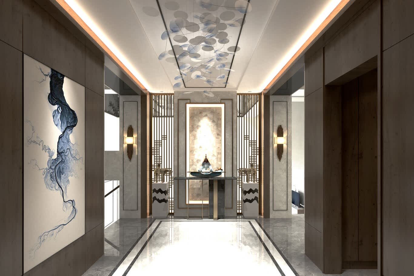 Large-scale artwork in a hallway leading to a backlit onyx niche and console