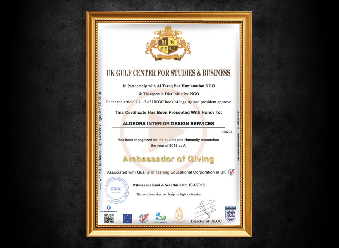 Algedra awarded ambassador of giving Certificate