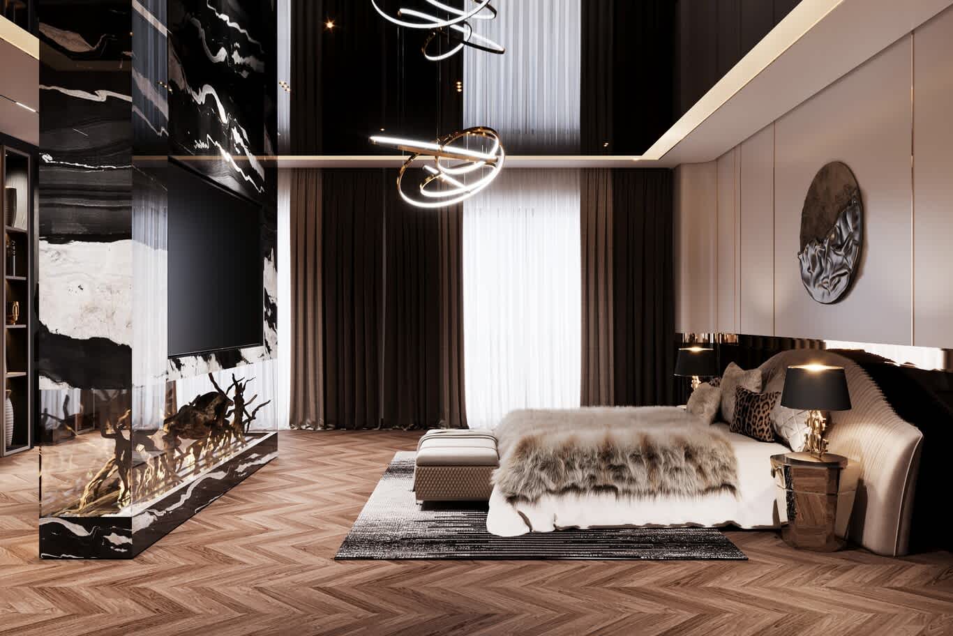 Luxury bedroom with double-sided marble partition and linear fireplace