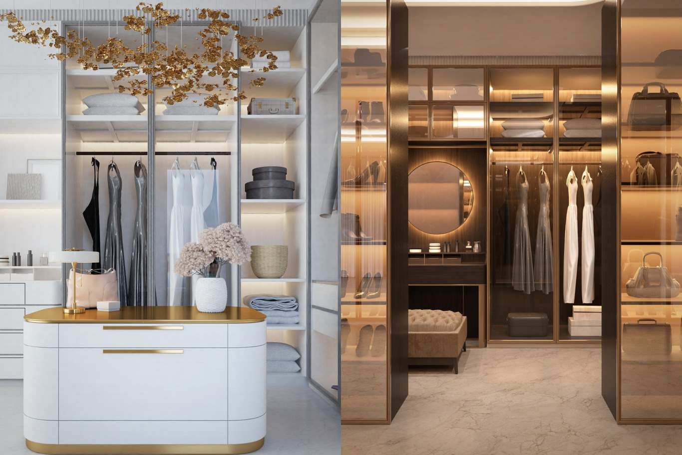 Dressing room styles in Doha compared: a white and gold island scheme beside a bronze-framed glass scheme