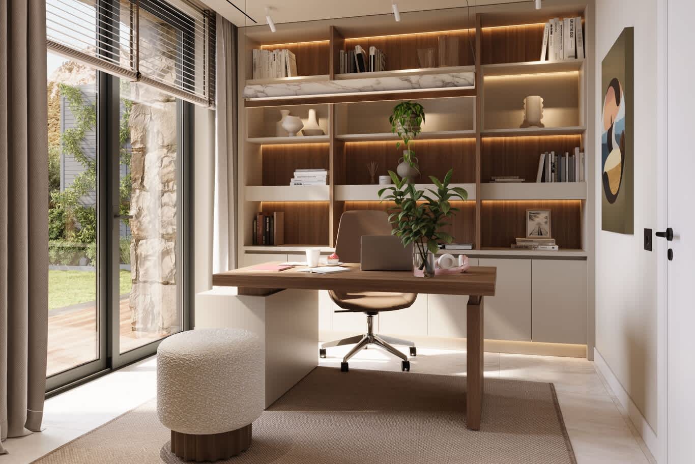 Styled home office shelving with lit walnut backs, marble ledge and curated ceramics