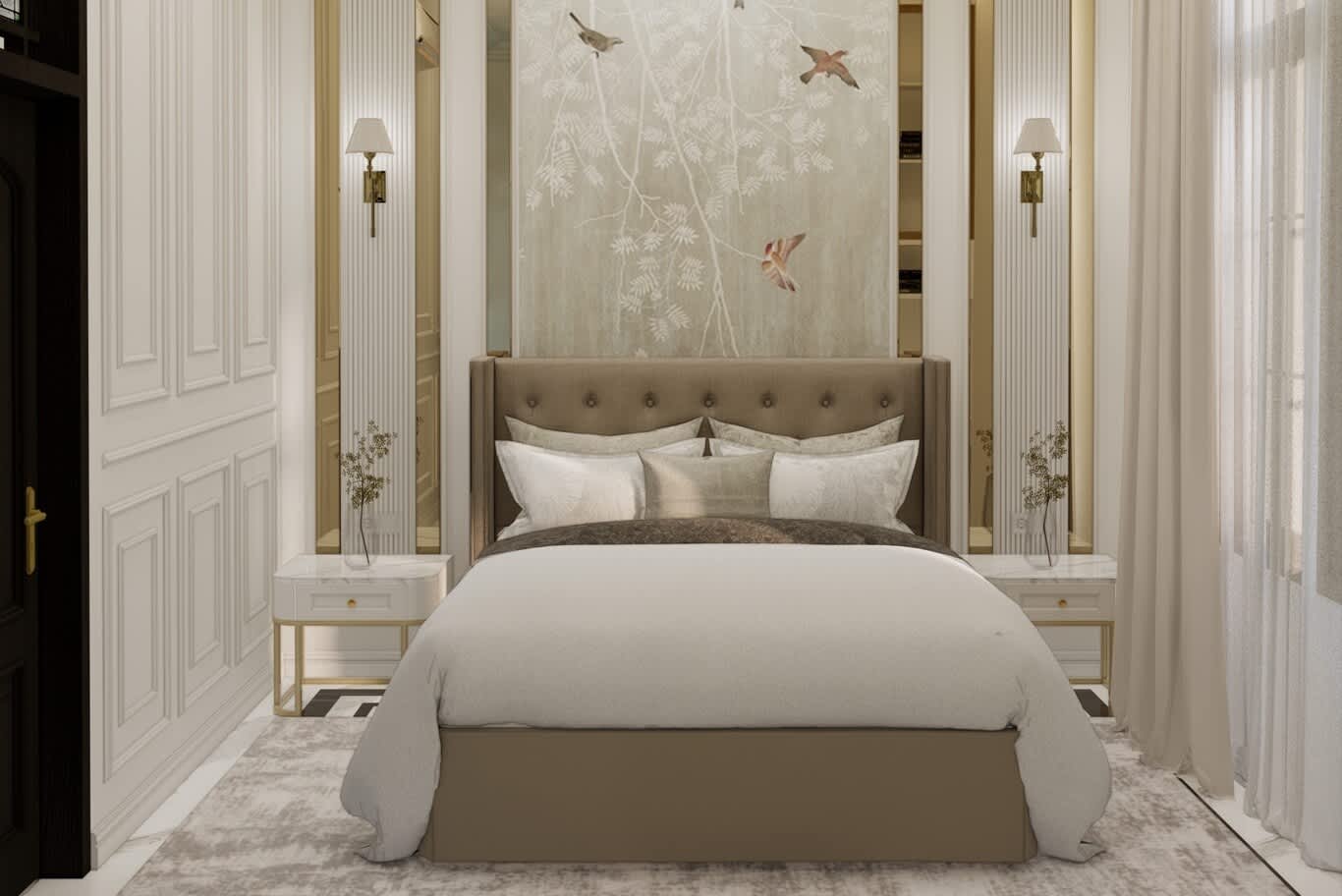 Classic bedroom with hand-painted silk bird panel, buttoned wingback headboard and marble bedside tables