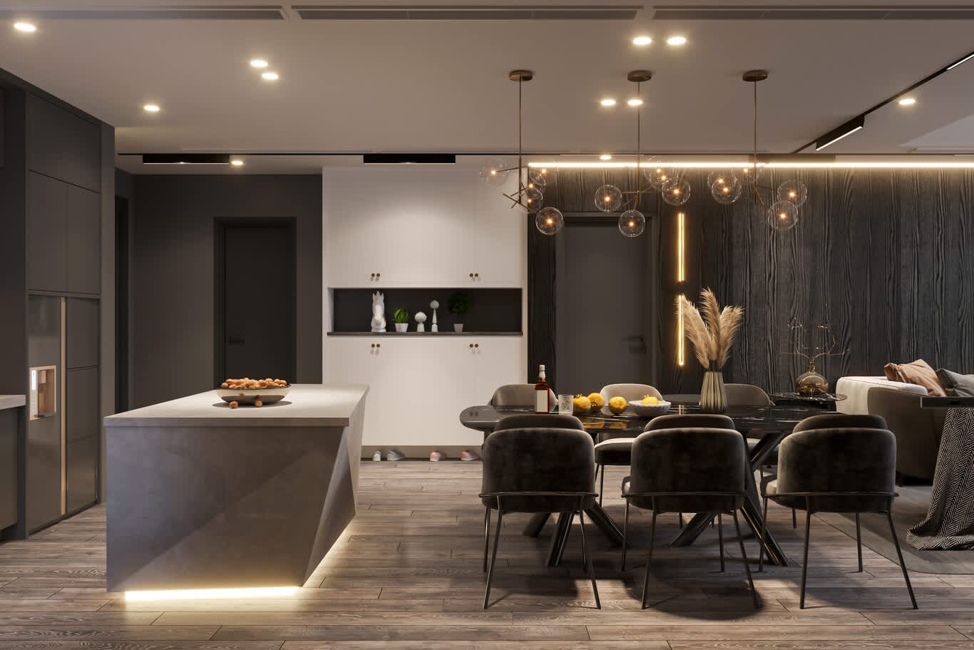 Modern kitchen and dining area with backlit island plinth and glass pendants