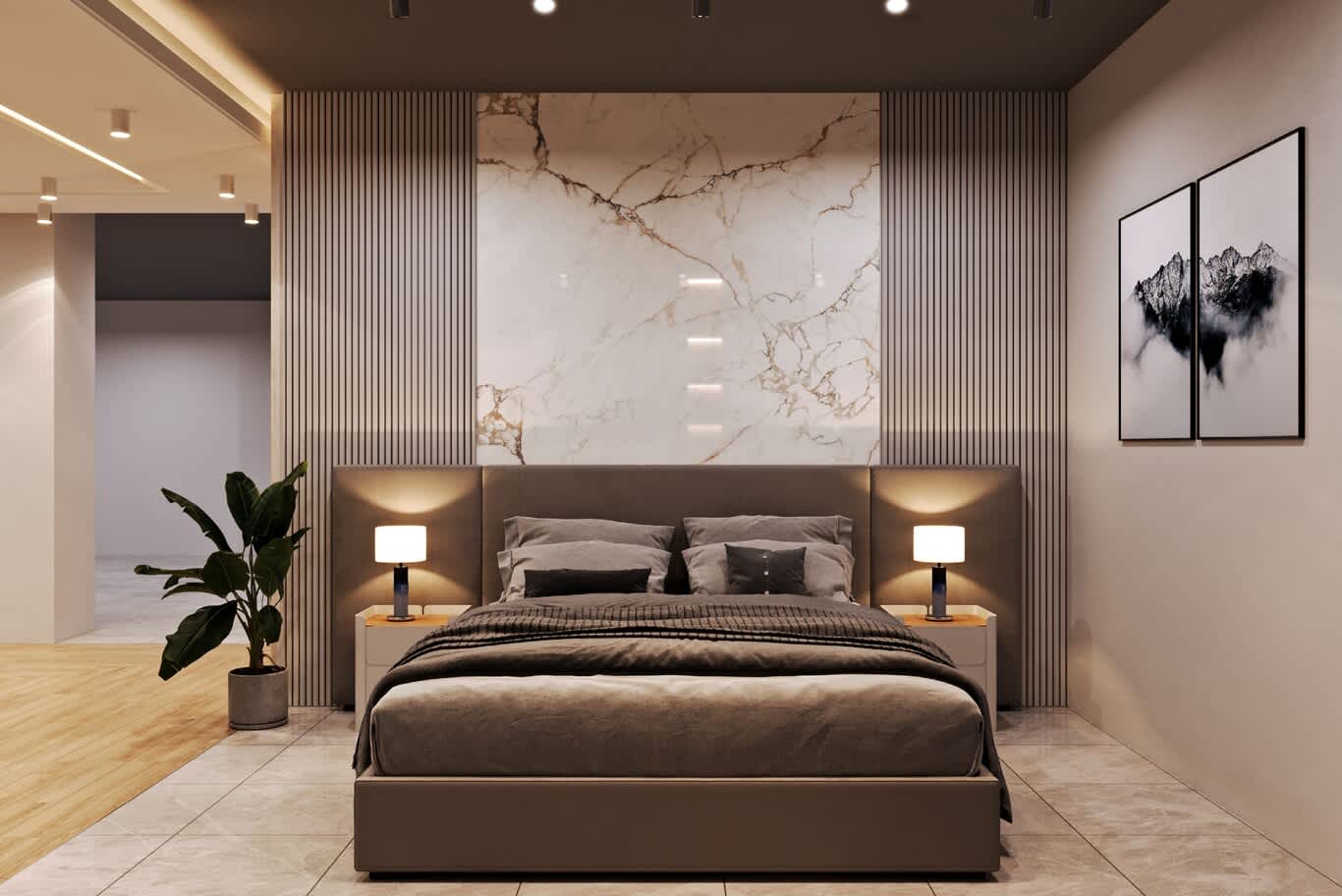 Contemporary bedroom with marble feature panel, slatted wall and taupe upholstered headboard