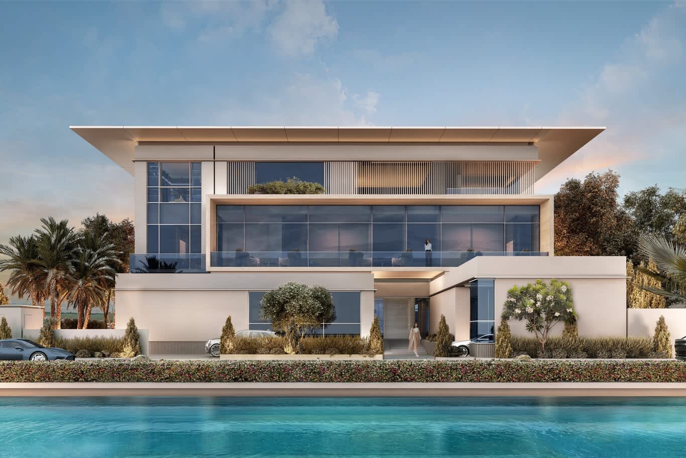 Palm Jumeirah villa street elevation – recessed entrance portal, deep roof overhang and a planted forecourt