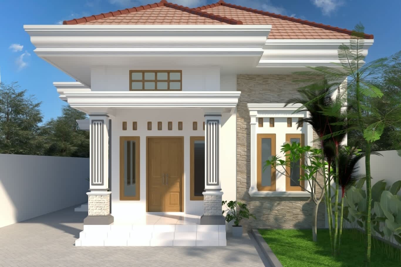 Al Khawaneej villa design – single-storey guest wing with a terracotta hipped roof, fluted pilasters and stacked stone cladding