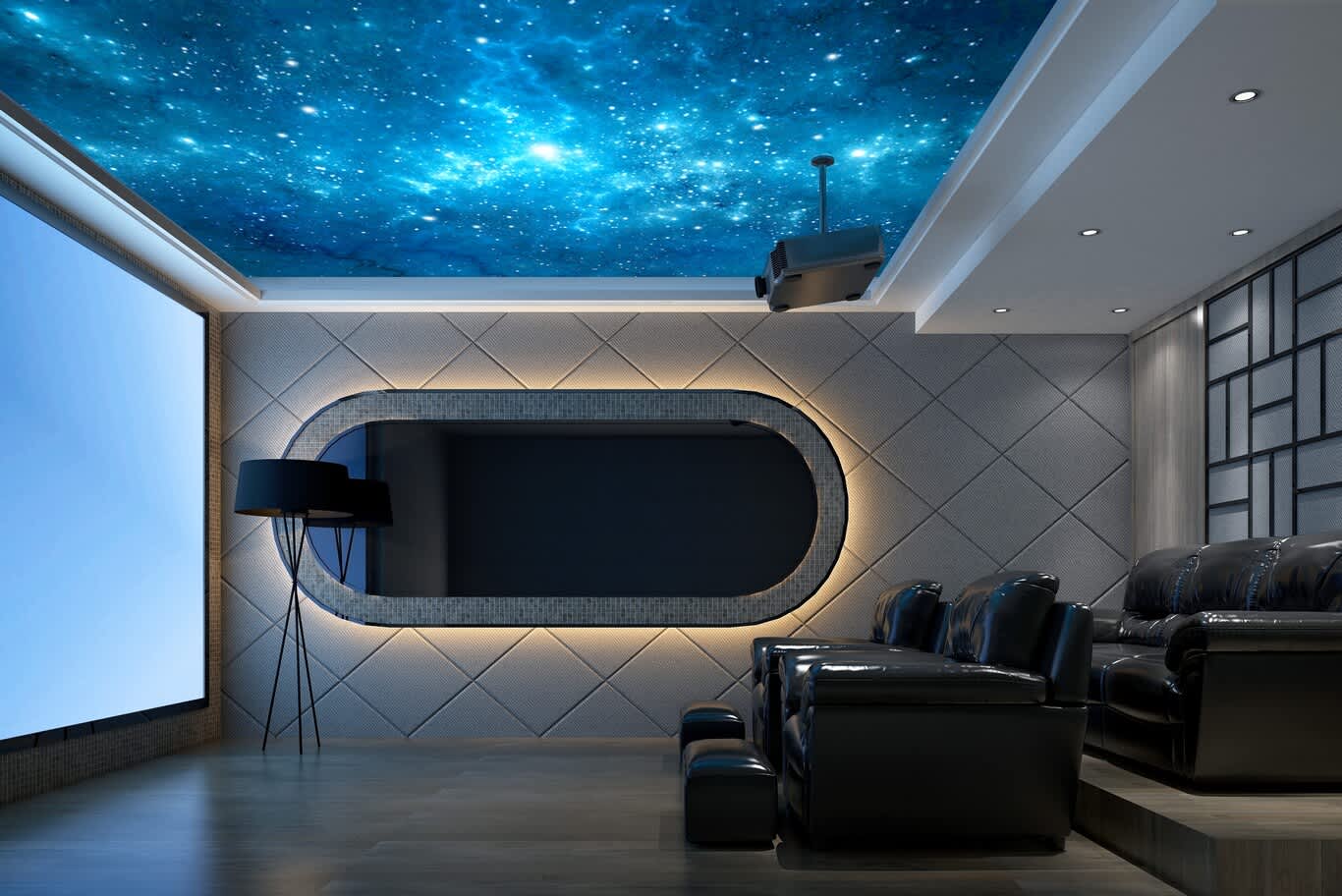 Home cinema with fibre-optic star ceiling, diamond-quilted acoustic walls and leather recliners on a riser
