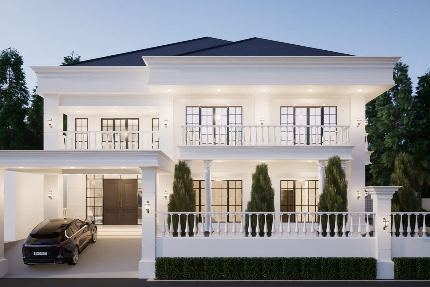 تصميم فلل الخوانيج، واجهة كلاسيكية حديثة بيضاء بتراسات ذات درابزين وأعمدة كورنثية عند الغسق