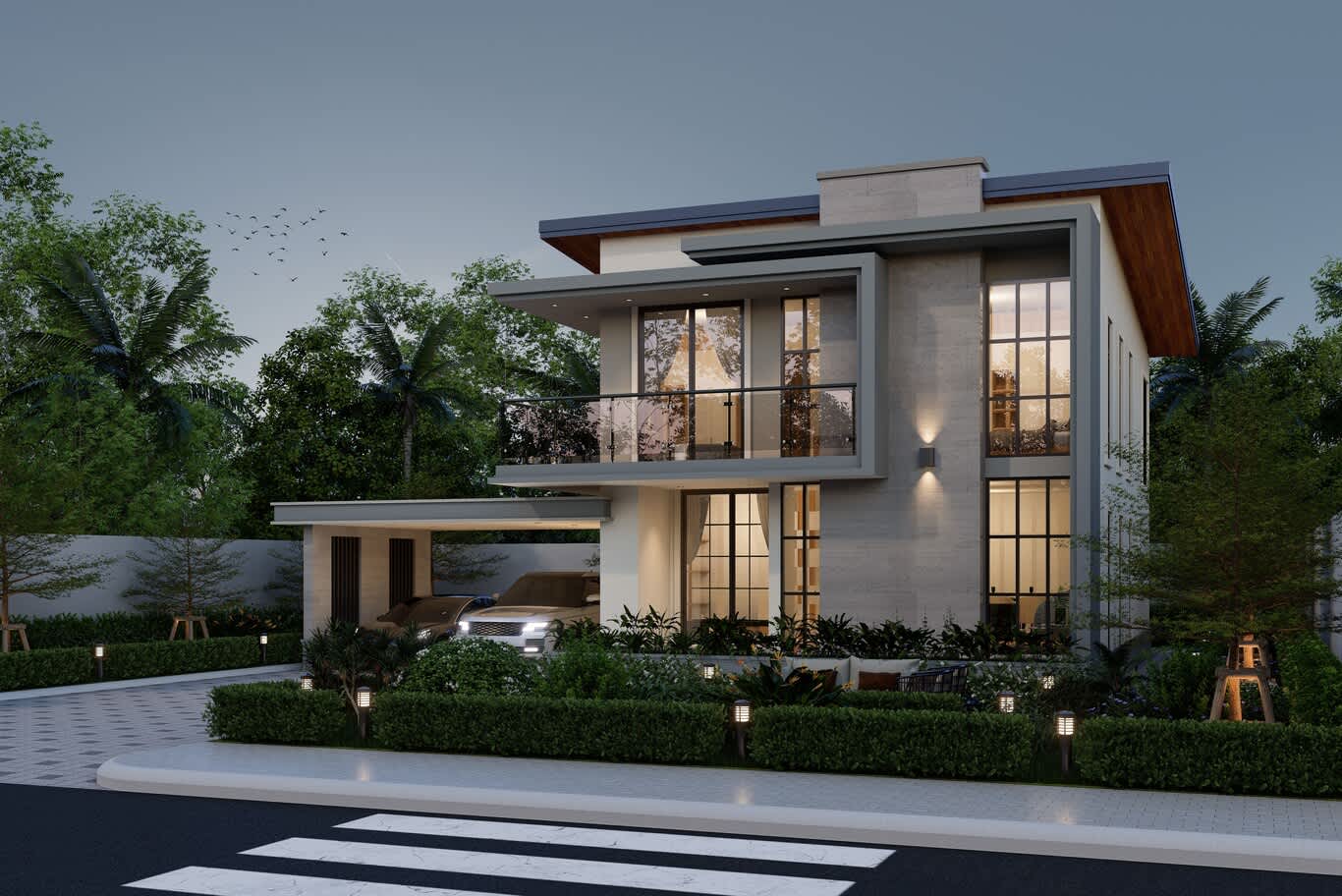 Nad Al Sheba villa design – two-storey modern villa with a framed glass balcony, stone cladding and garden lighting