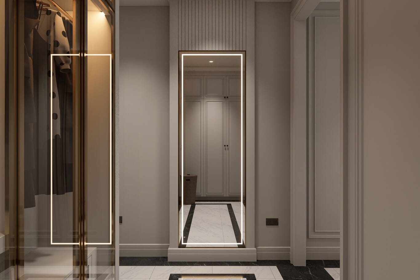 •	Panelled dressing hallway with illuminated full-length mirror, glass wardrobe and marble floor inlay