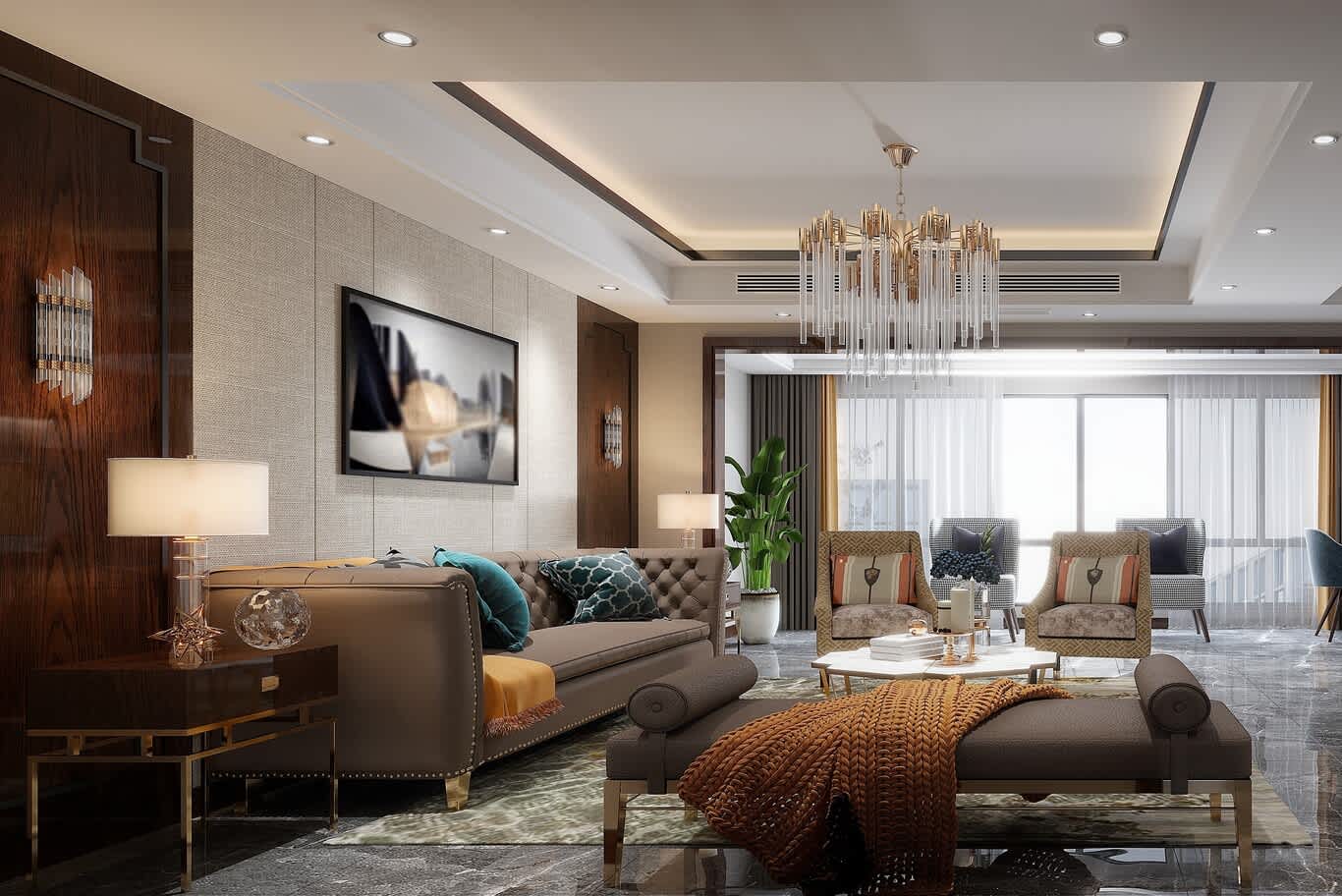 Art hung at eye level above a tufted sofa on a textured wall with walnut panels and crystal sconces