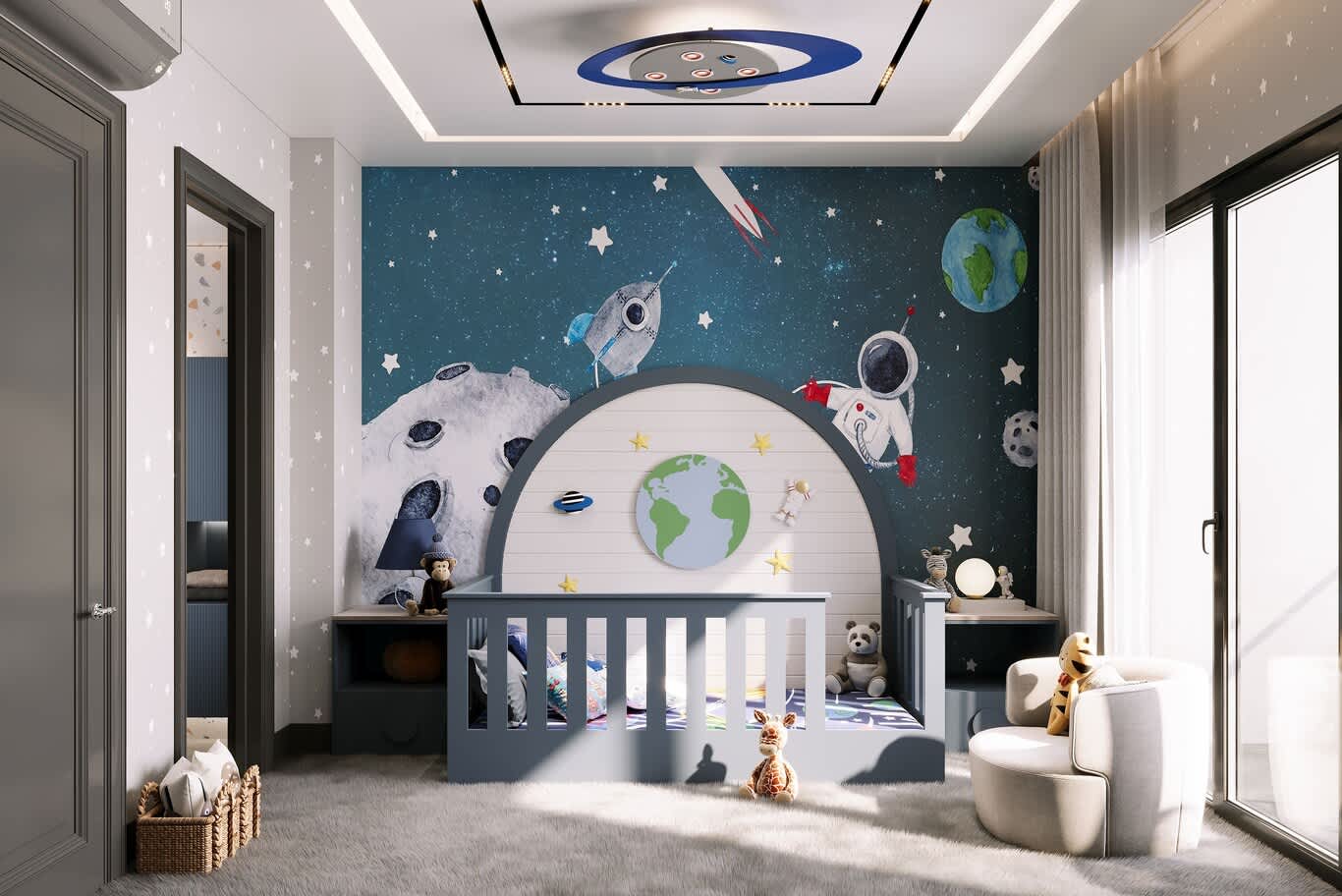 •	Space-themed kids bedroom with astronaut mural, arched cot headboard and planet ceiling light