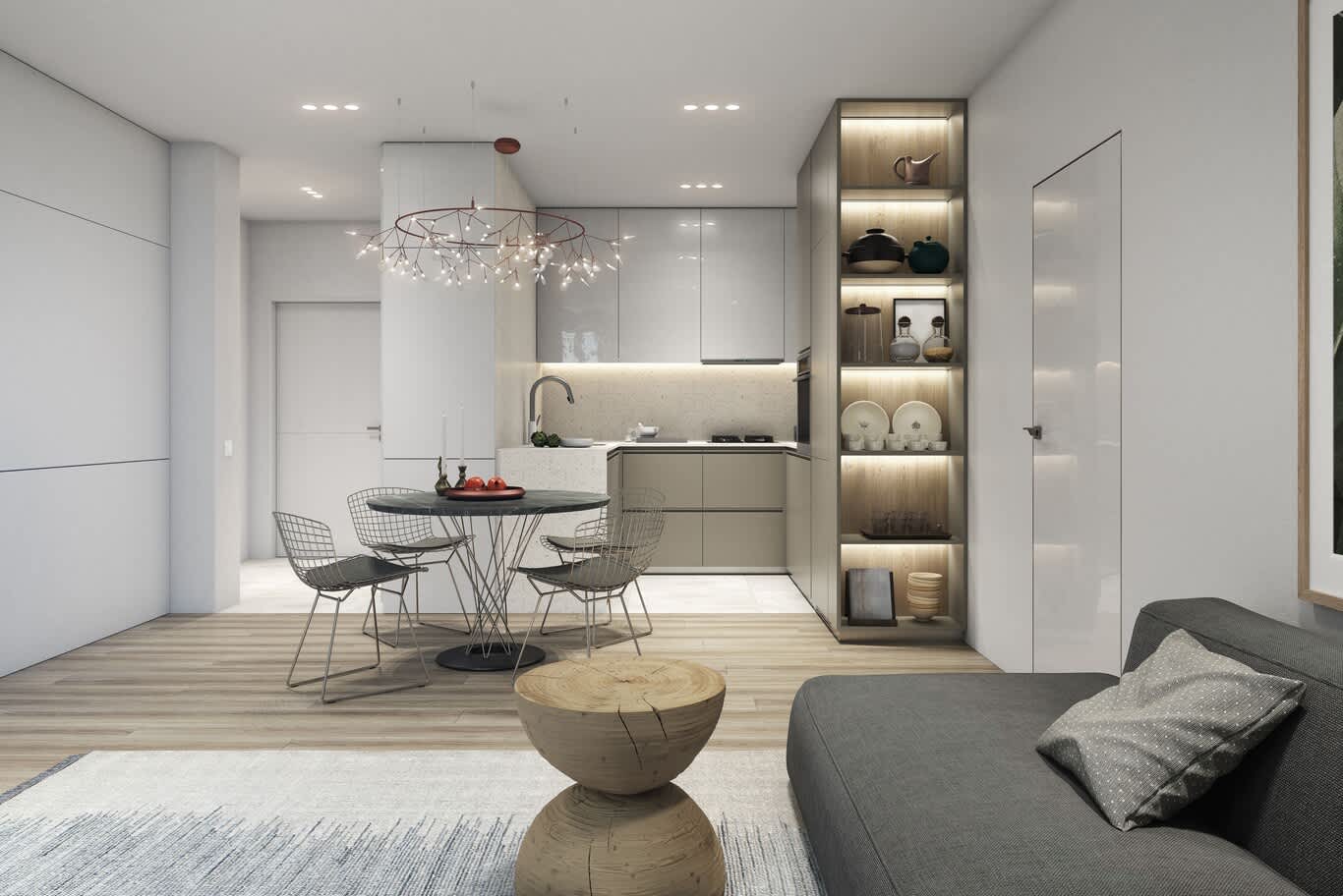 Small apartment interior design in Downtown Dubai – compact kitchen and dining with lit shelving and oak floor