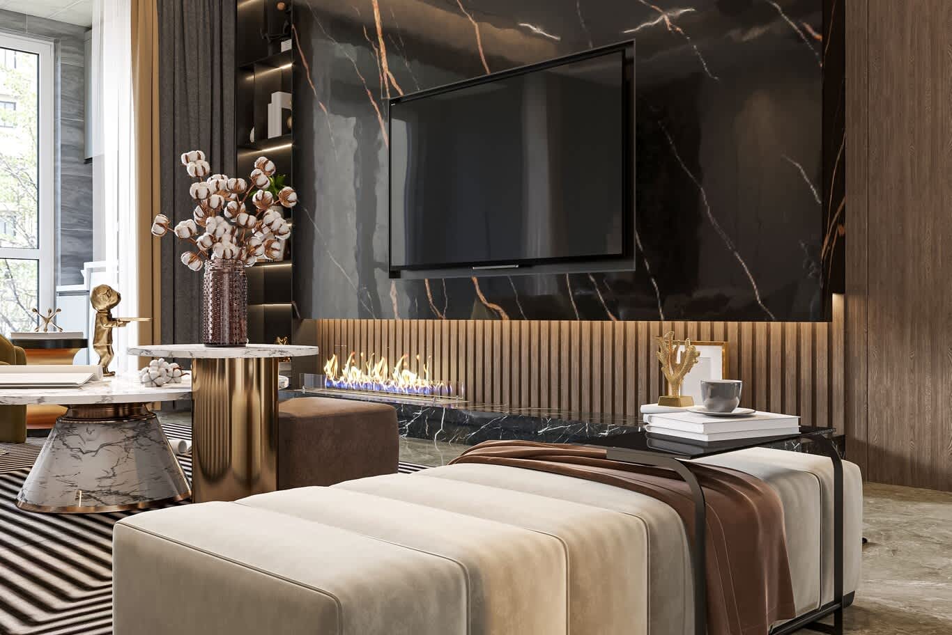 Black marble media wall with linear fireplace and reeded walnut panelling