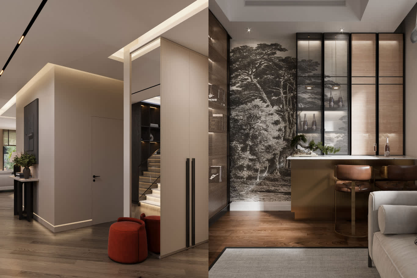 •	Hallway with flush doors, velvet poufs and lit staircase next to a home bar with forest mural