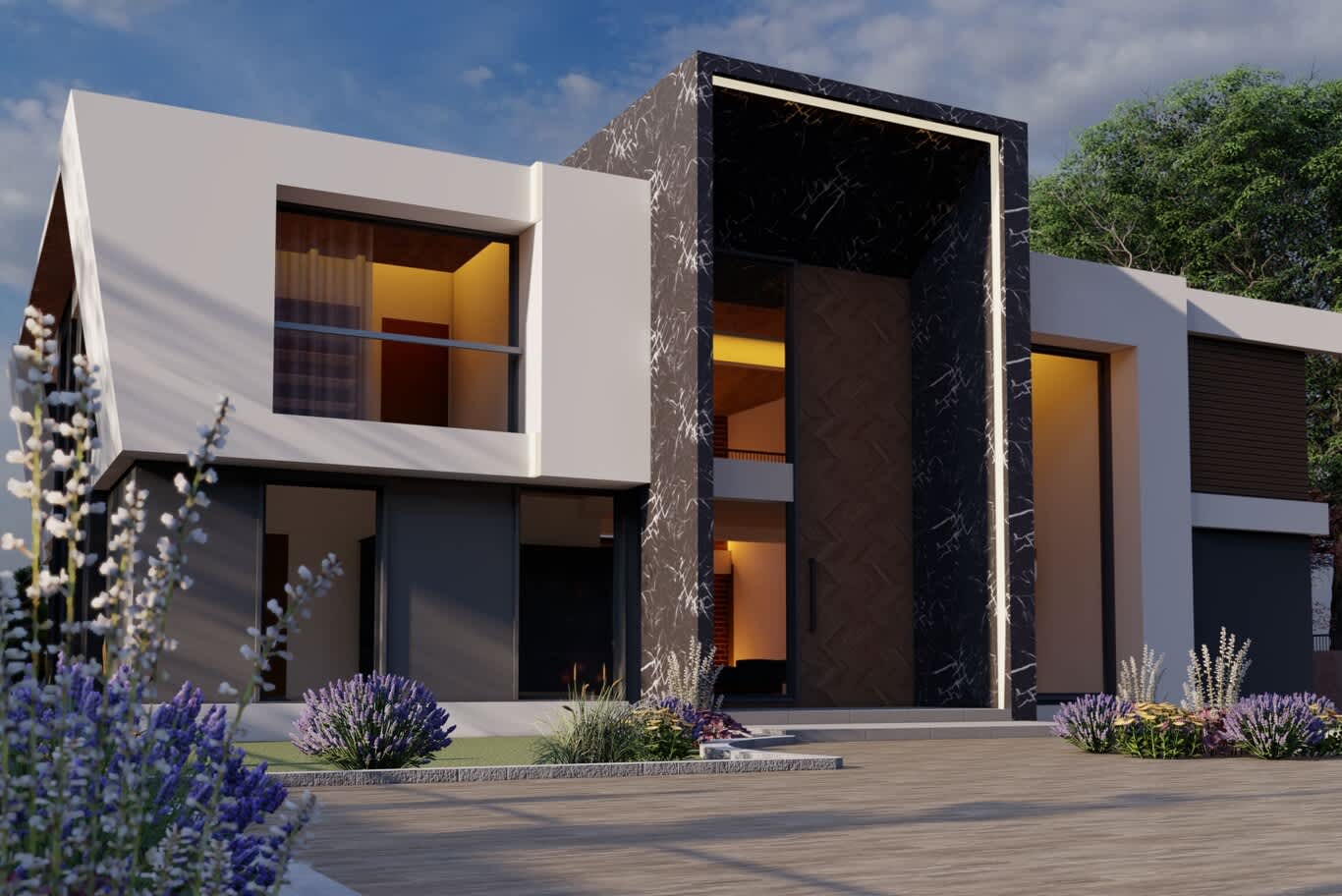 Nad Al Sheba villa design – Nero Marquina marble entrance portal framing a herringbone timber pivot door