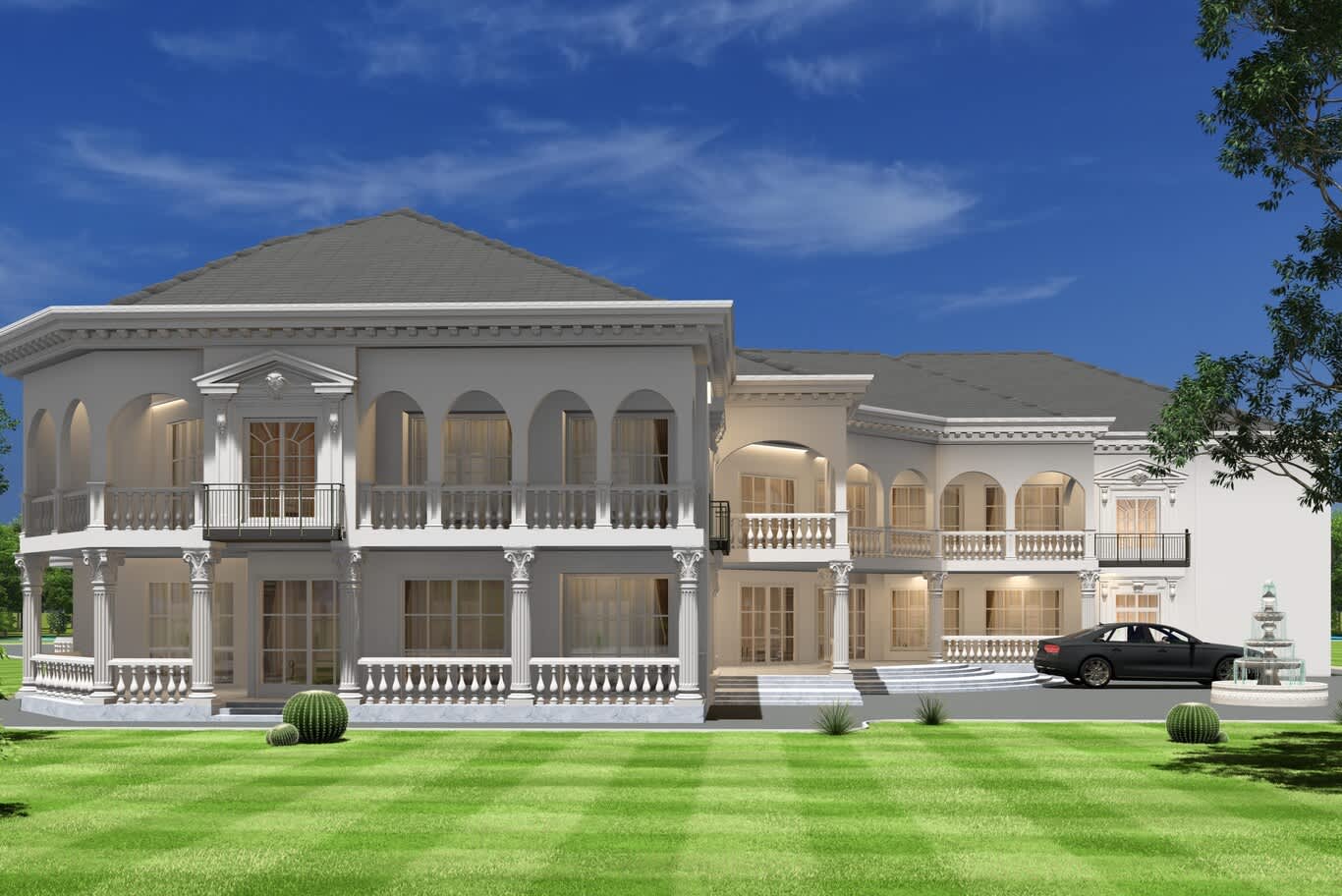 تصميم فلل الخوانيج، واجهة فيلا كلاسيكية فخمة بأروقة مقنطرة وأعمدة كورنثية ونافورة متدرجة في الفناء