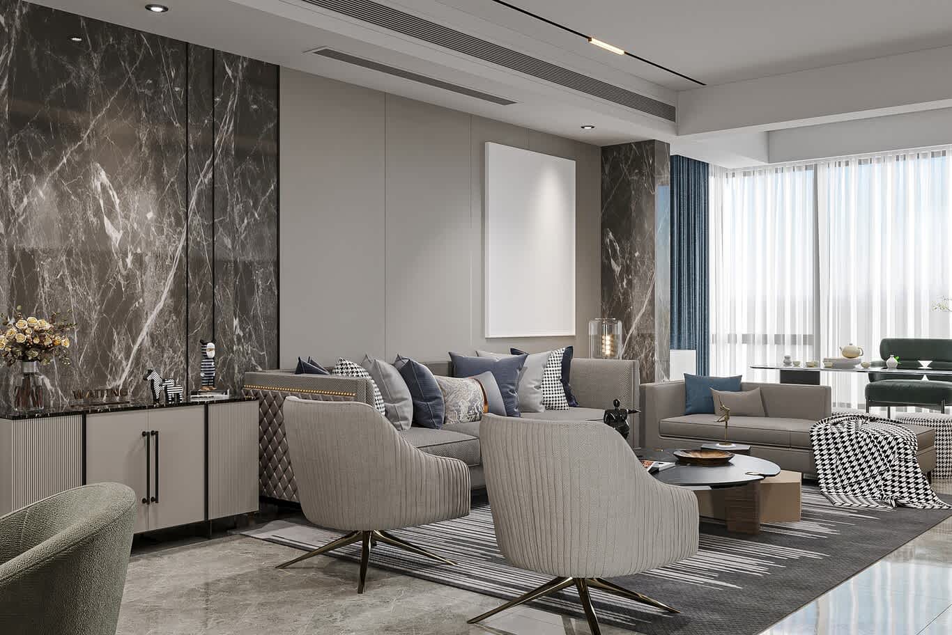 dark veined marble wall cladding with bronze reveals in a luxury Qatar villa lounge
