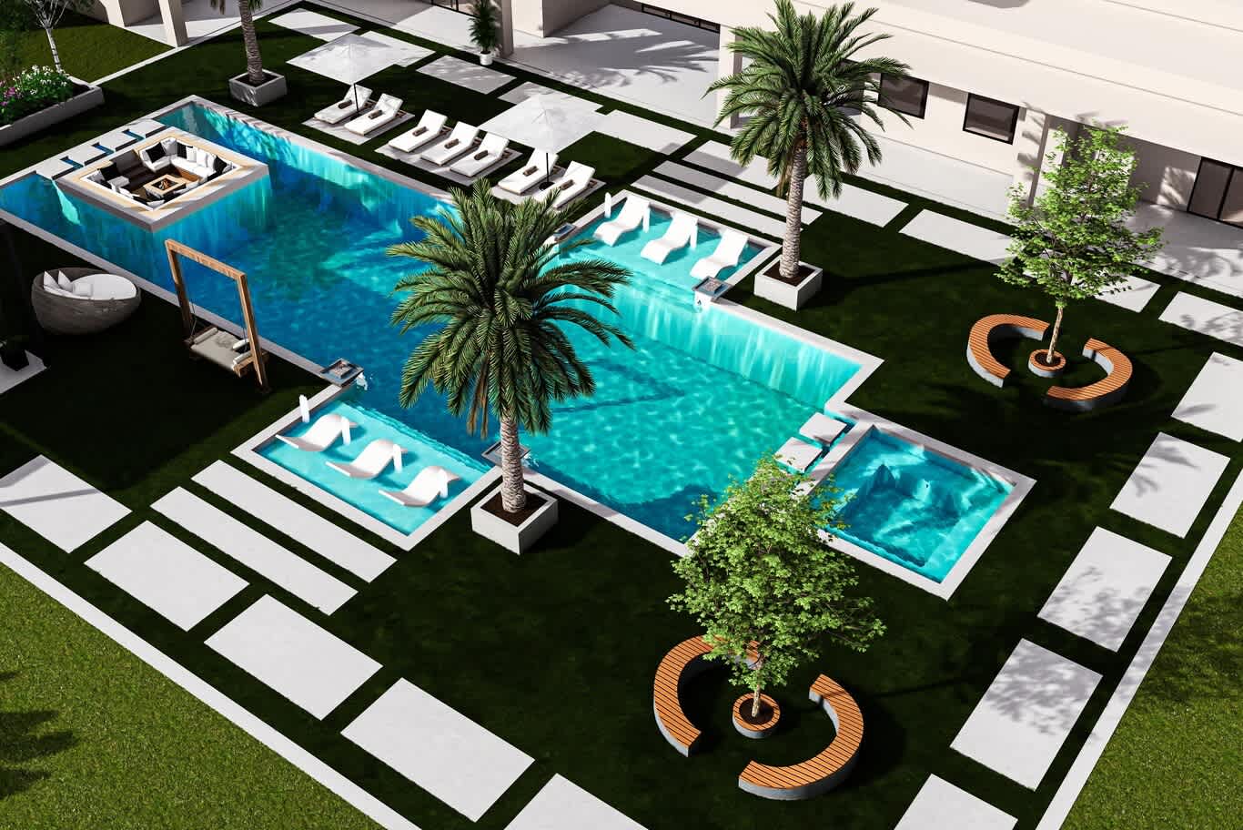 •	Aerial landscape design master plan with pool, spa, palm planters and stepping-stone lawn